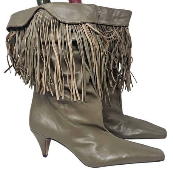 NEW MNG Mango 39 Taupe Gray Fringe Pull On Leather Boot Glam Boho Western - Picture 2 of 6